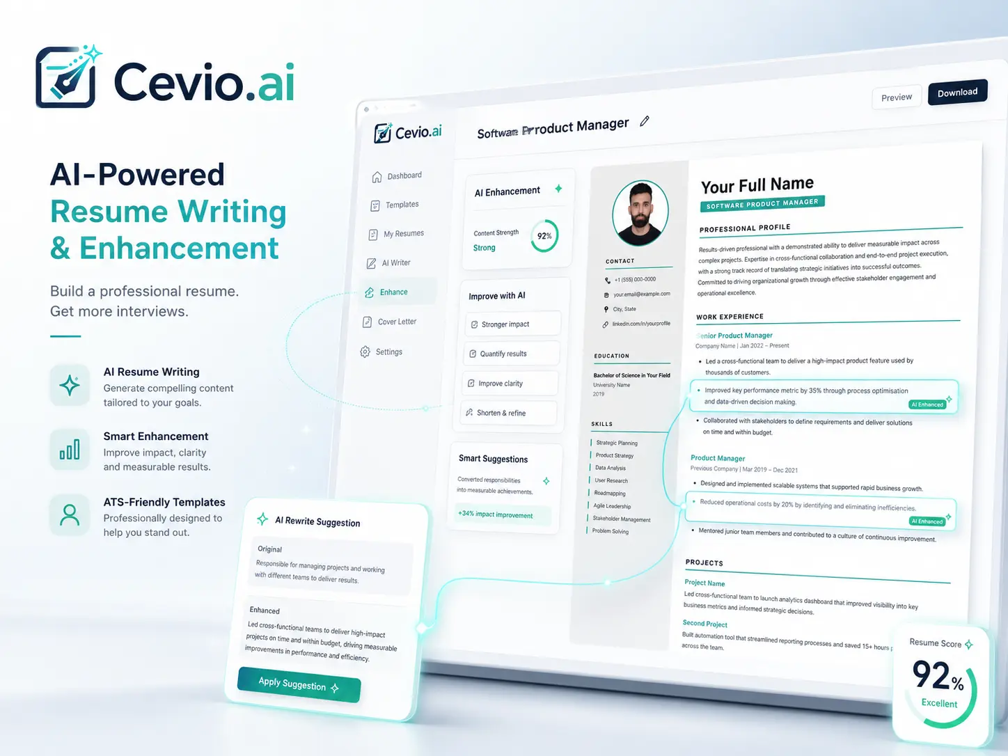 Cevio.ai app showing AI-powered resume editing with rewrite suggestions, enhancement tools, and a 92% resume score.