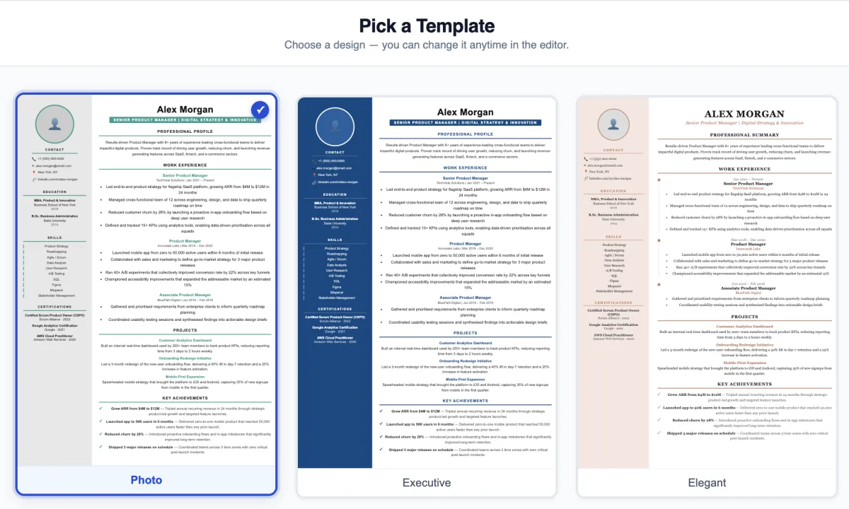 Cevio.ai template picker showing professional resume designs to choose from.