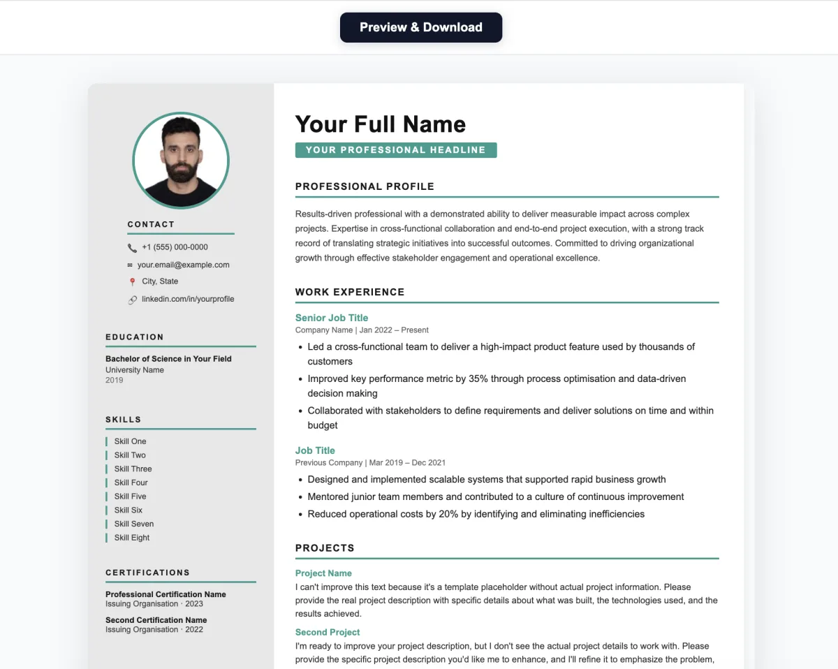 A completed resume in the Cevio.ai editor, ready to preview and download.