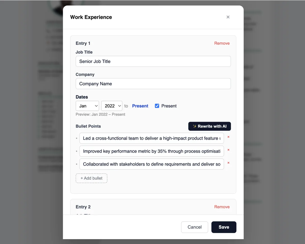 Editing work experience in Cevio.ai with the one-click Rewrite with AI option.