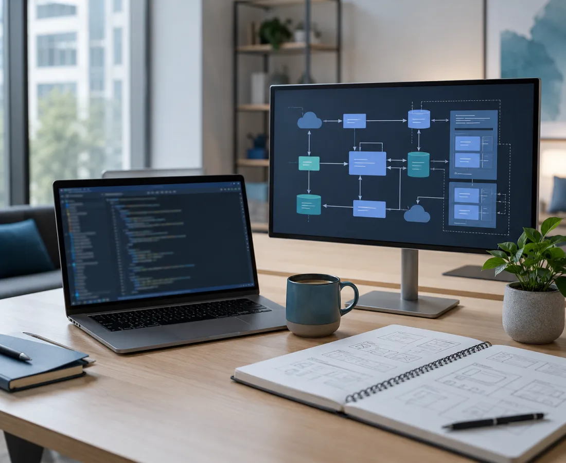 A modern MicroClouds workspace: a laptop showing code beside a monitor displaying a software architecture diagram, with a notebook of wireframe sketches.