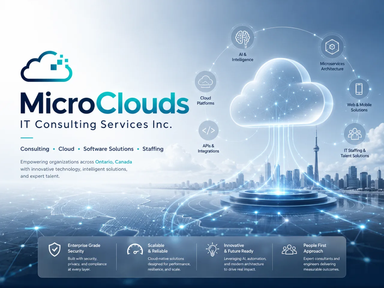 MicroClouds IT Consulting Services Inc. — consulting, cloud, software solutions, and staffing across Ontario, Canada, shown as a connected cloud platform above the Toronto skyline.
