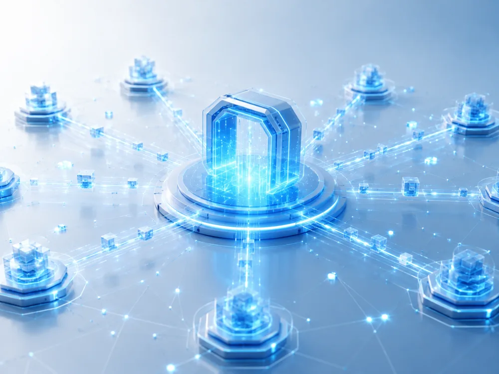 Illustration of a central API gateway connecting to a mesh of services.