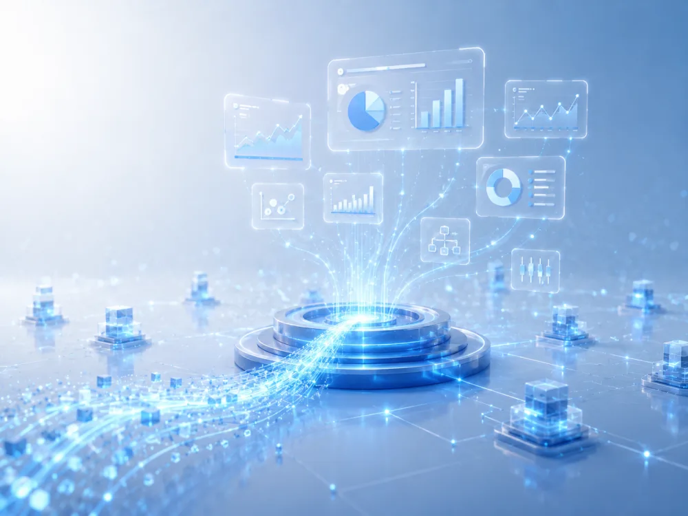Illustration of data flowing into charts and dashboards for decision-making.
