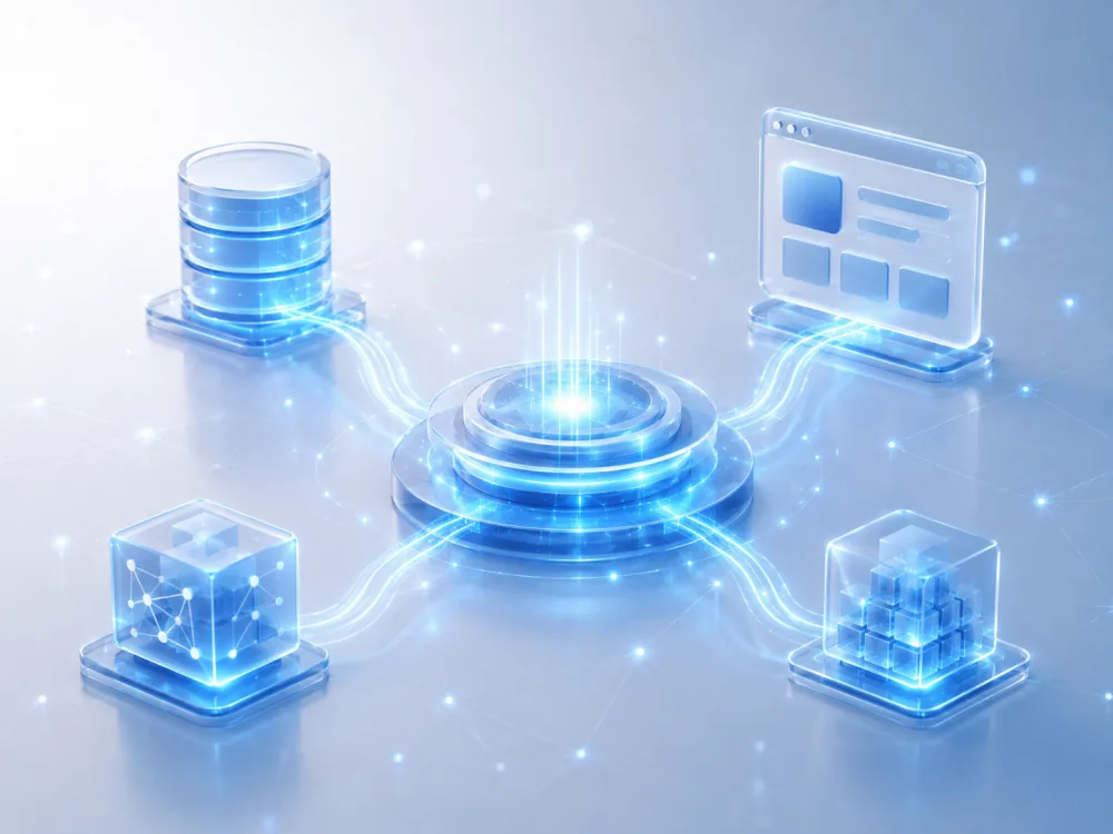 Illustration of separate business systems connected through a central integration hub.