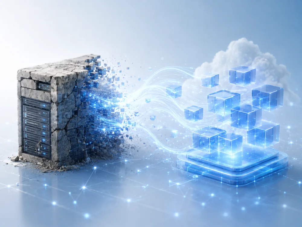 Illustration of a legacy monolithic system transforming into modern modular cloud blocks.