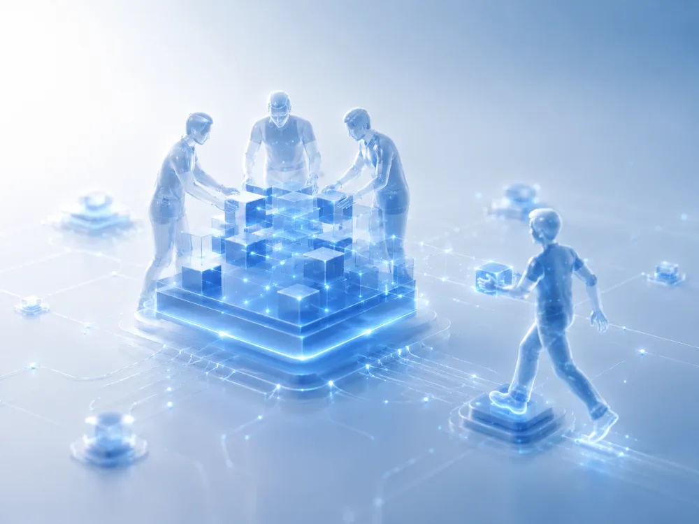 Illustration of engineers collaborating around a shared technology platform.