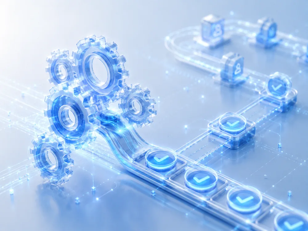 Illustration of gears driving an automated workflow pipeline.
