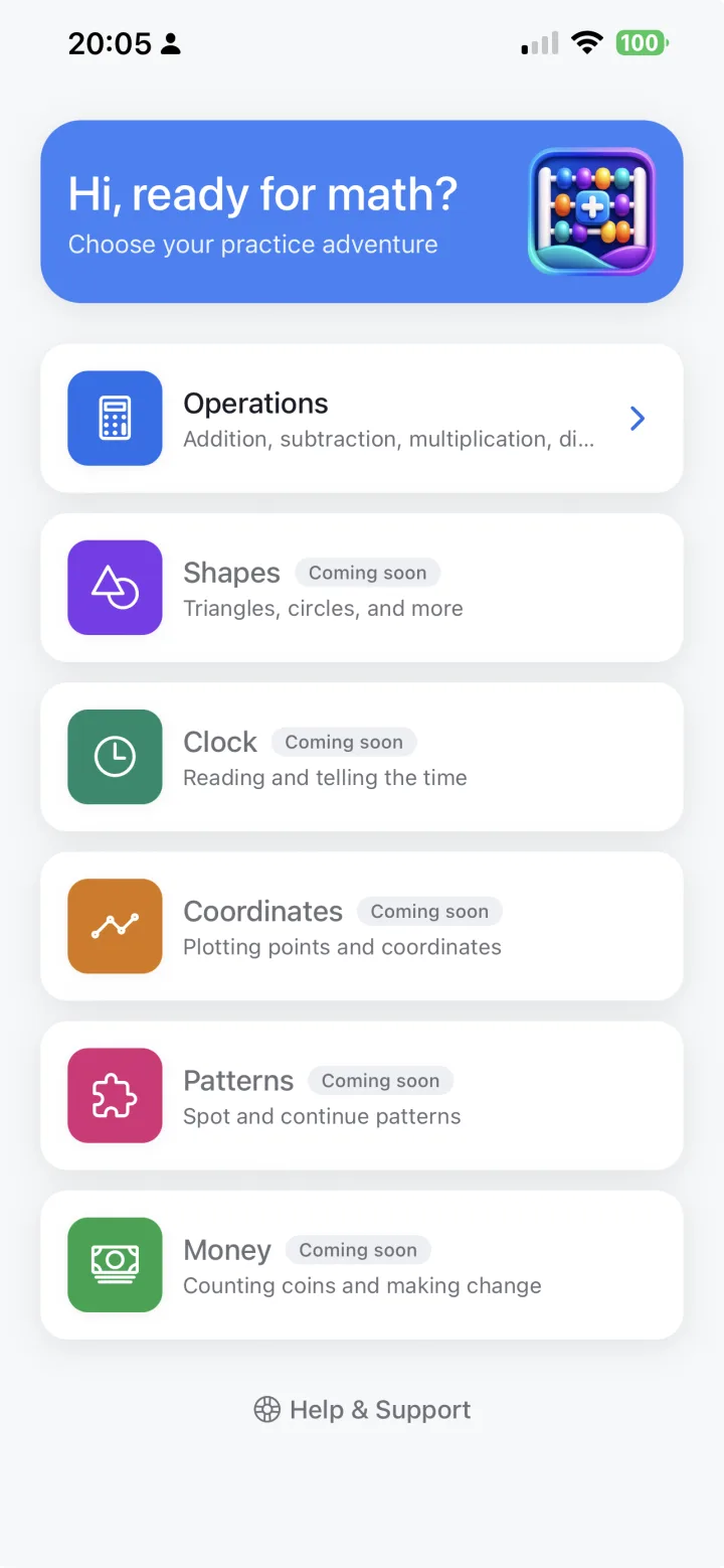 MathPen home screen inviting a child to choose a practice topic.