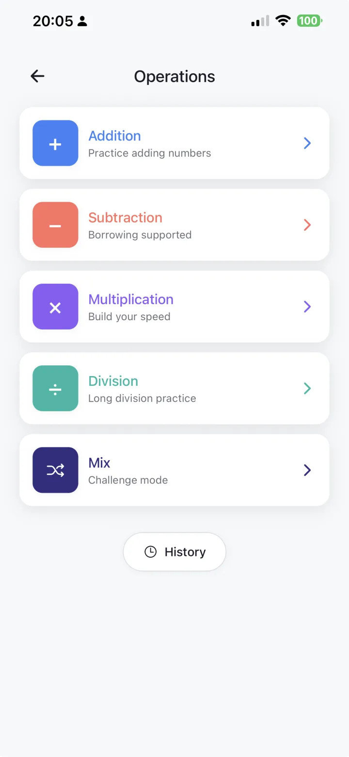 MathPen operations menu with addition, subtraction, multiplication, division, and mix.