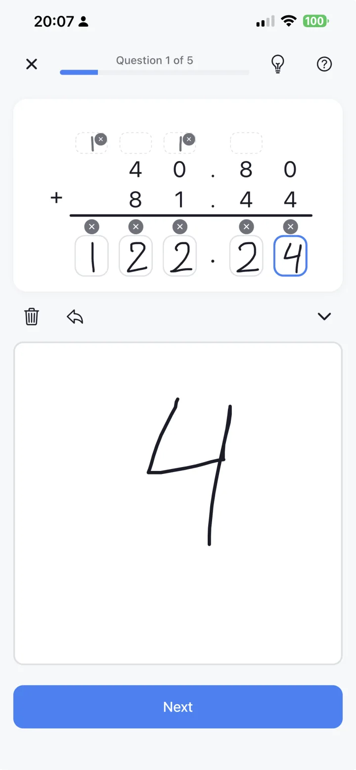 A MathPen practice question solved by hand.