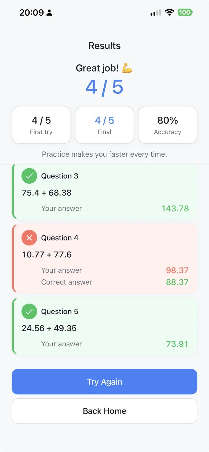 MathPen results screen with first-try and final scores.