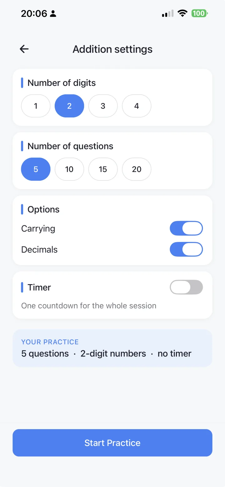 MathPen settings for number of digits, question count, options like carrying, and an optional timer.